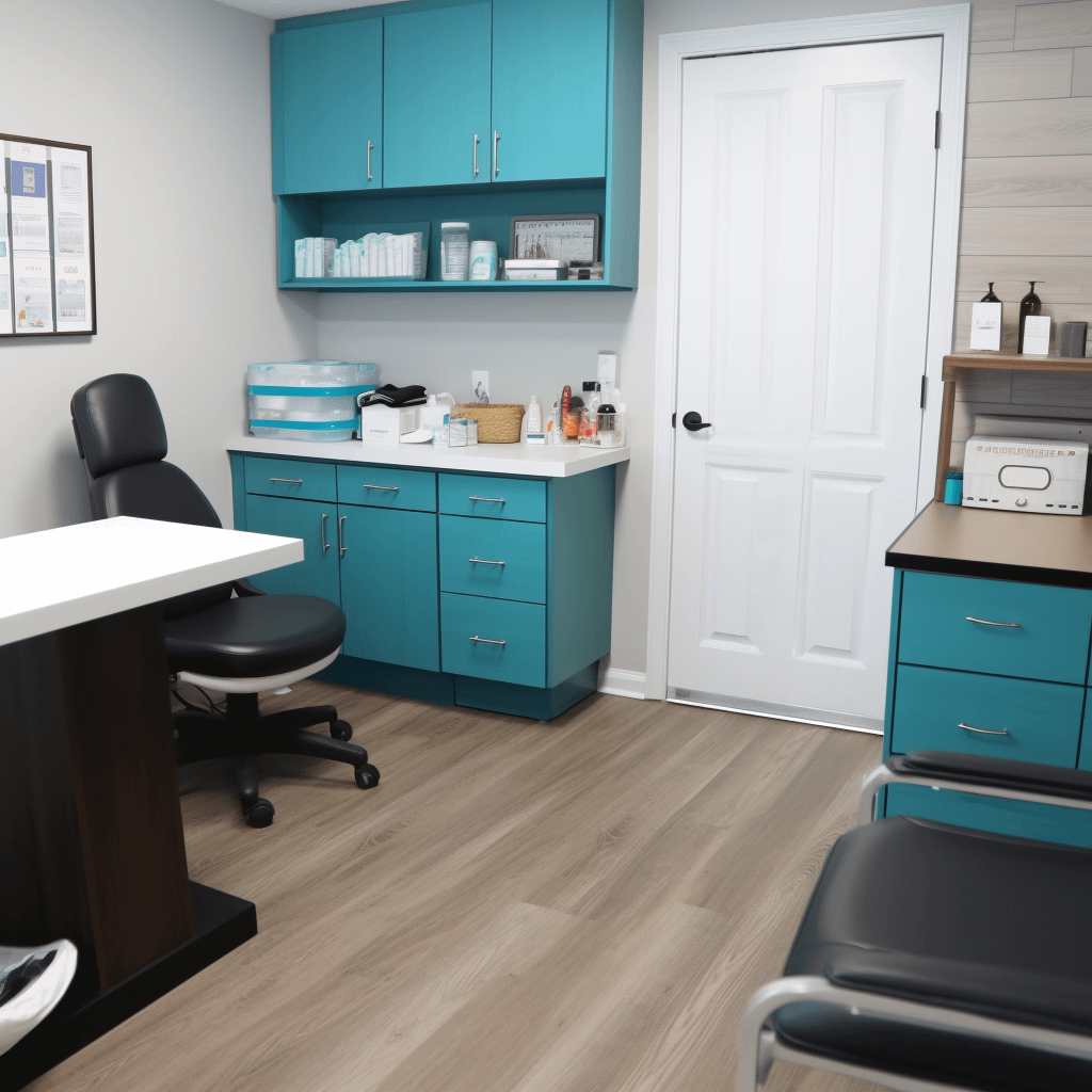 An empty doctor's office with blue cabinets and a white door