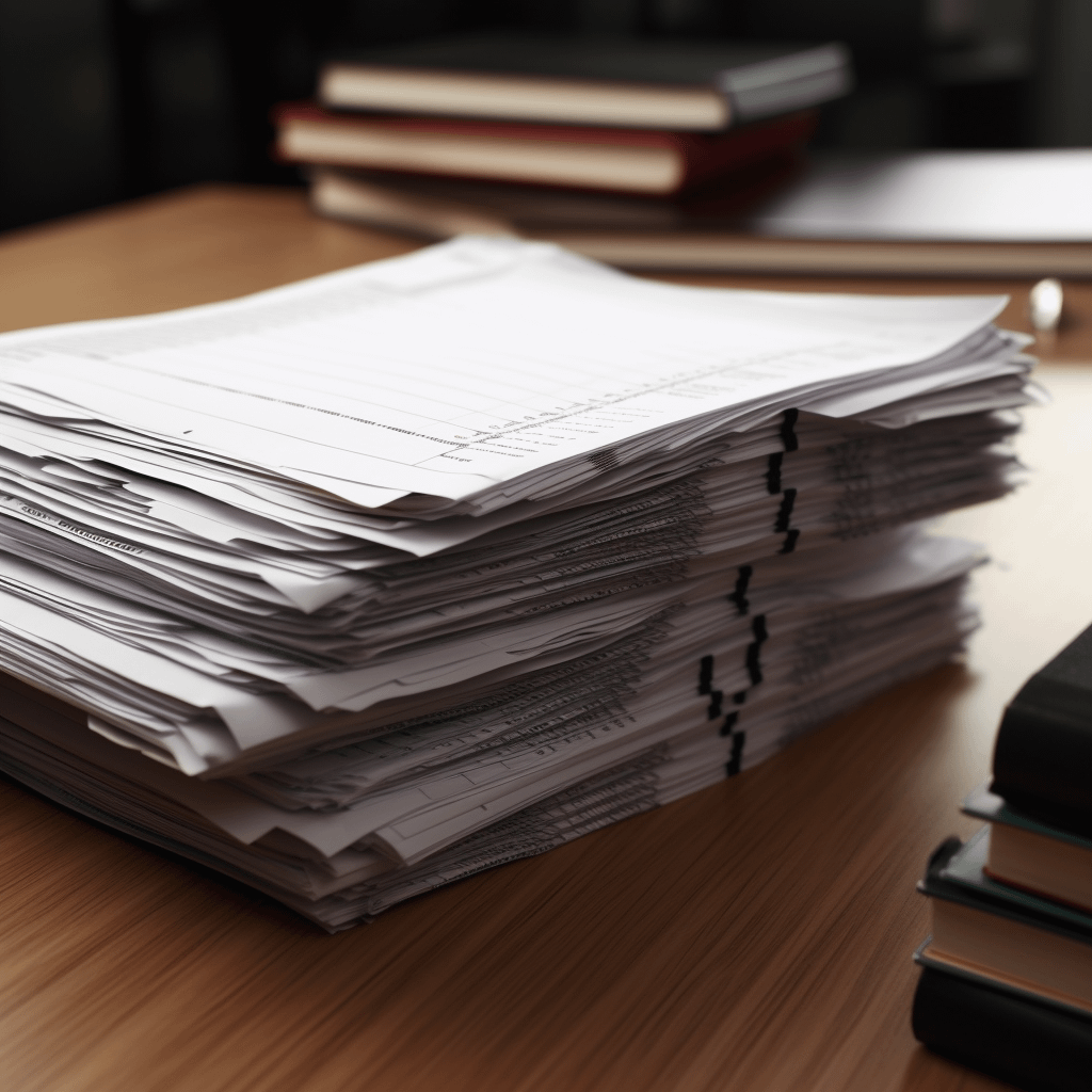 A stack of papers on a desk in a library