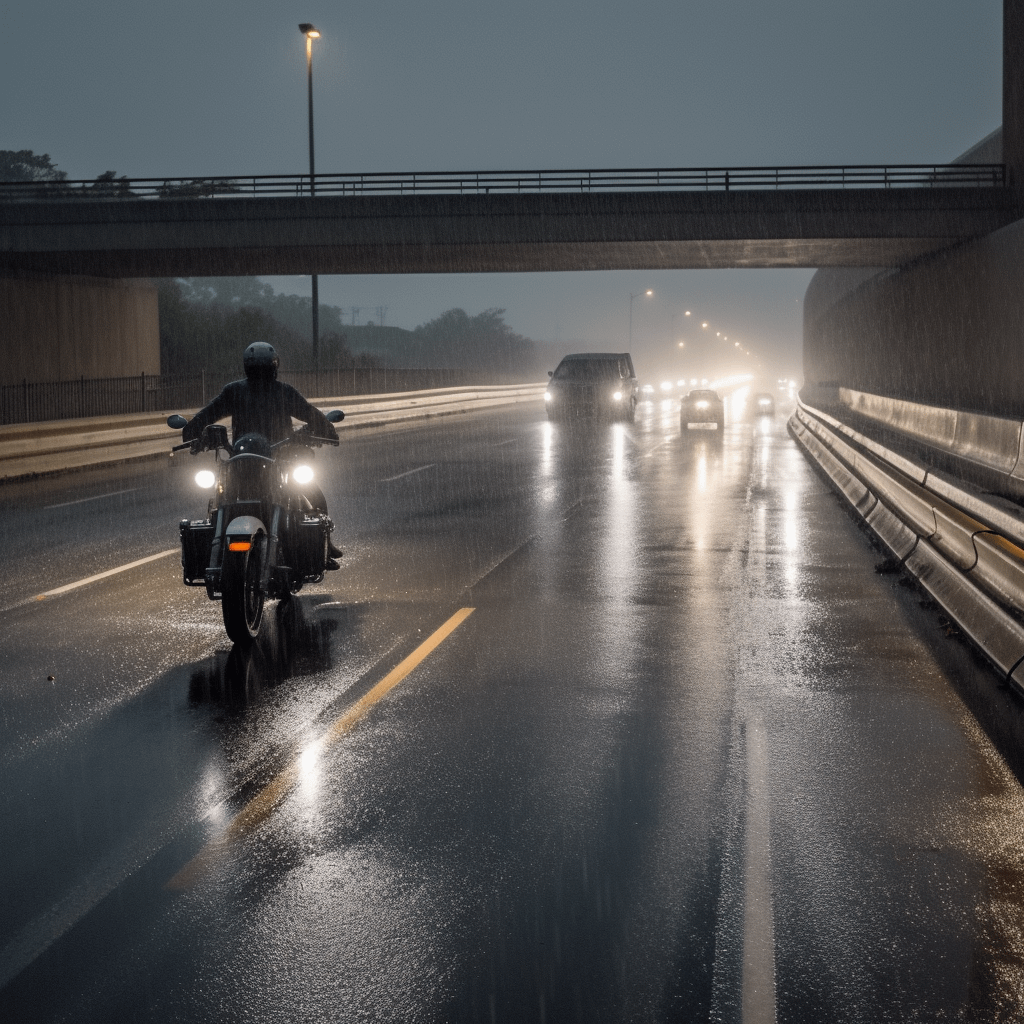 Motorcycle driving in the rain down the freeway