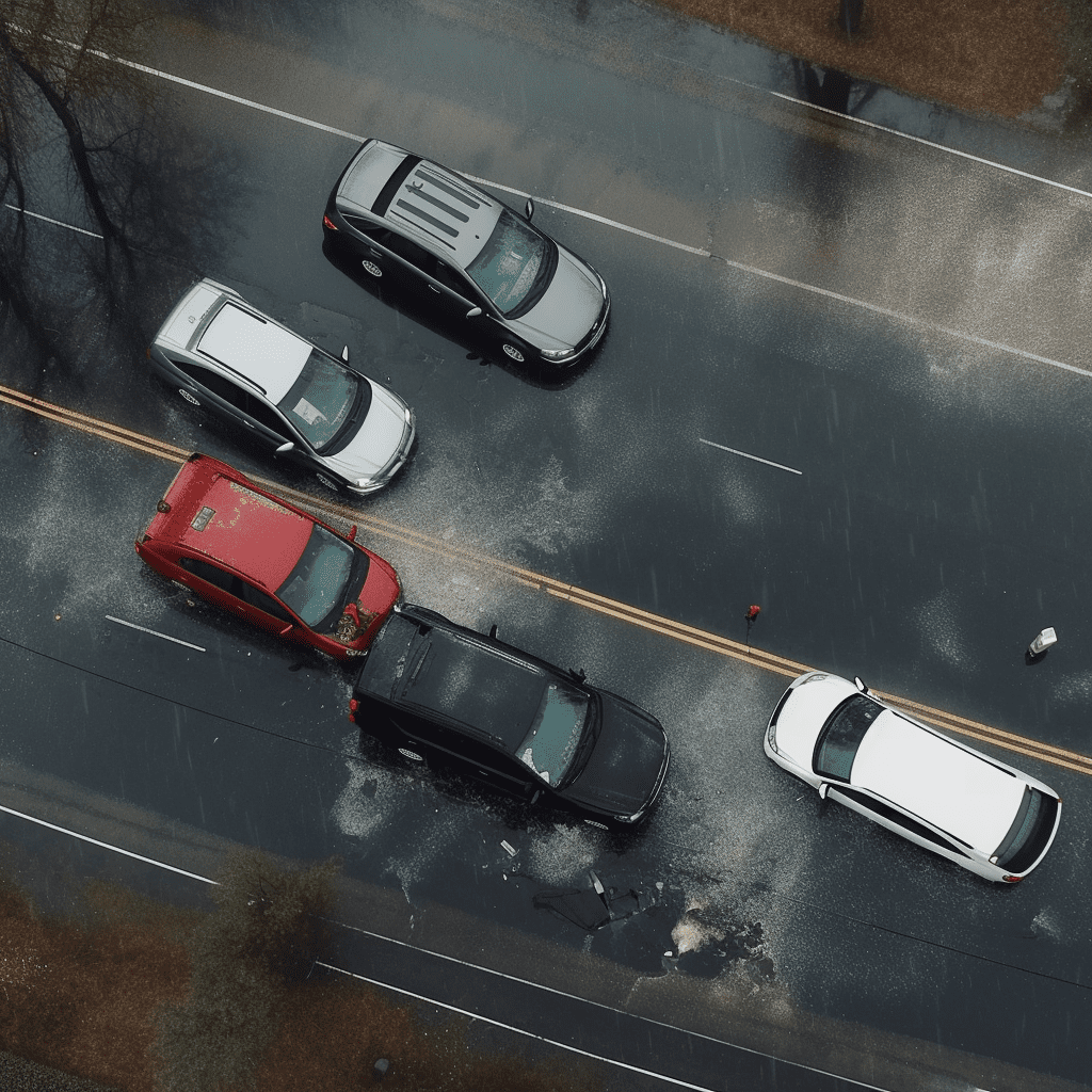 A multi-car crash on a rainy day.