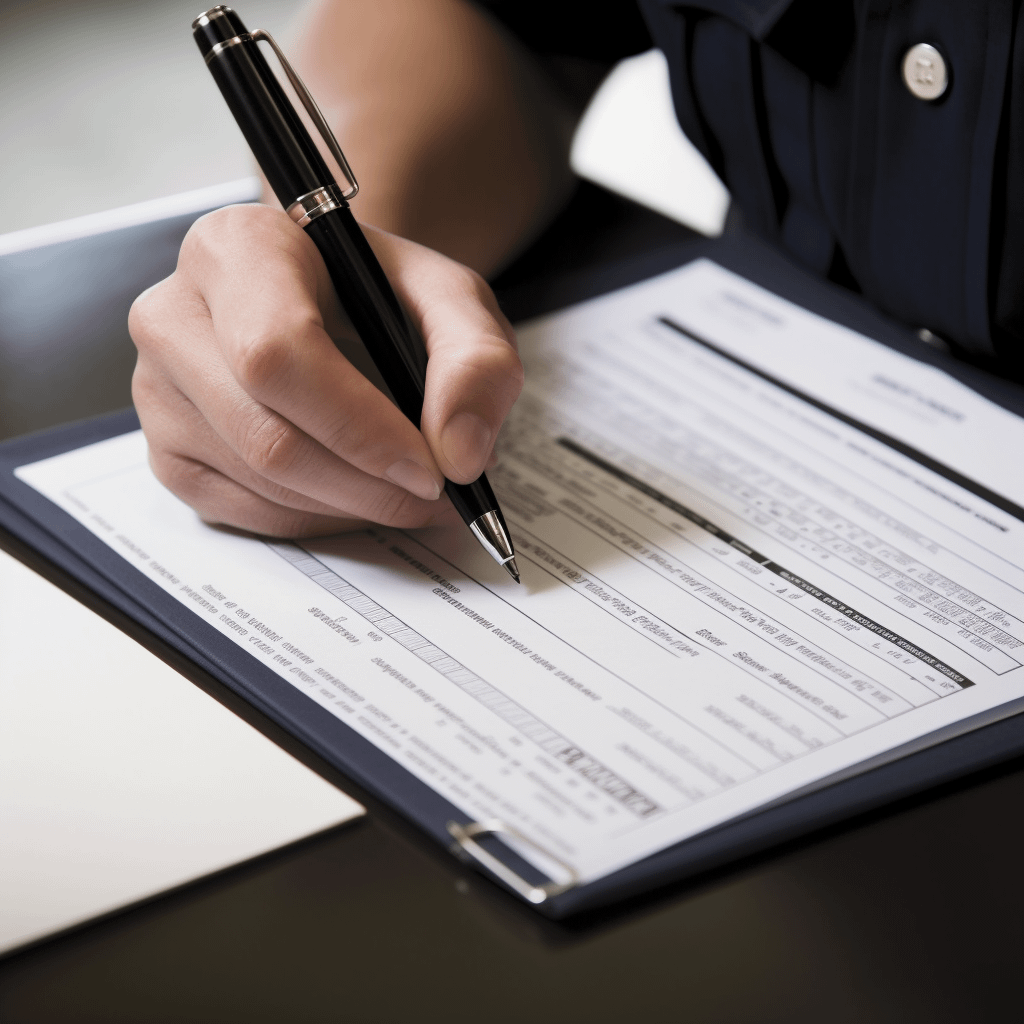 A police officer fills out a form with a pen