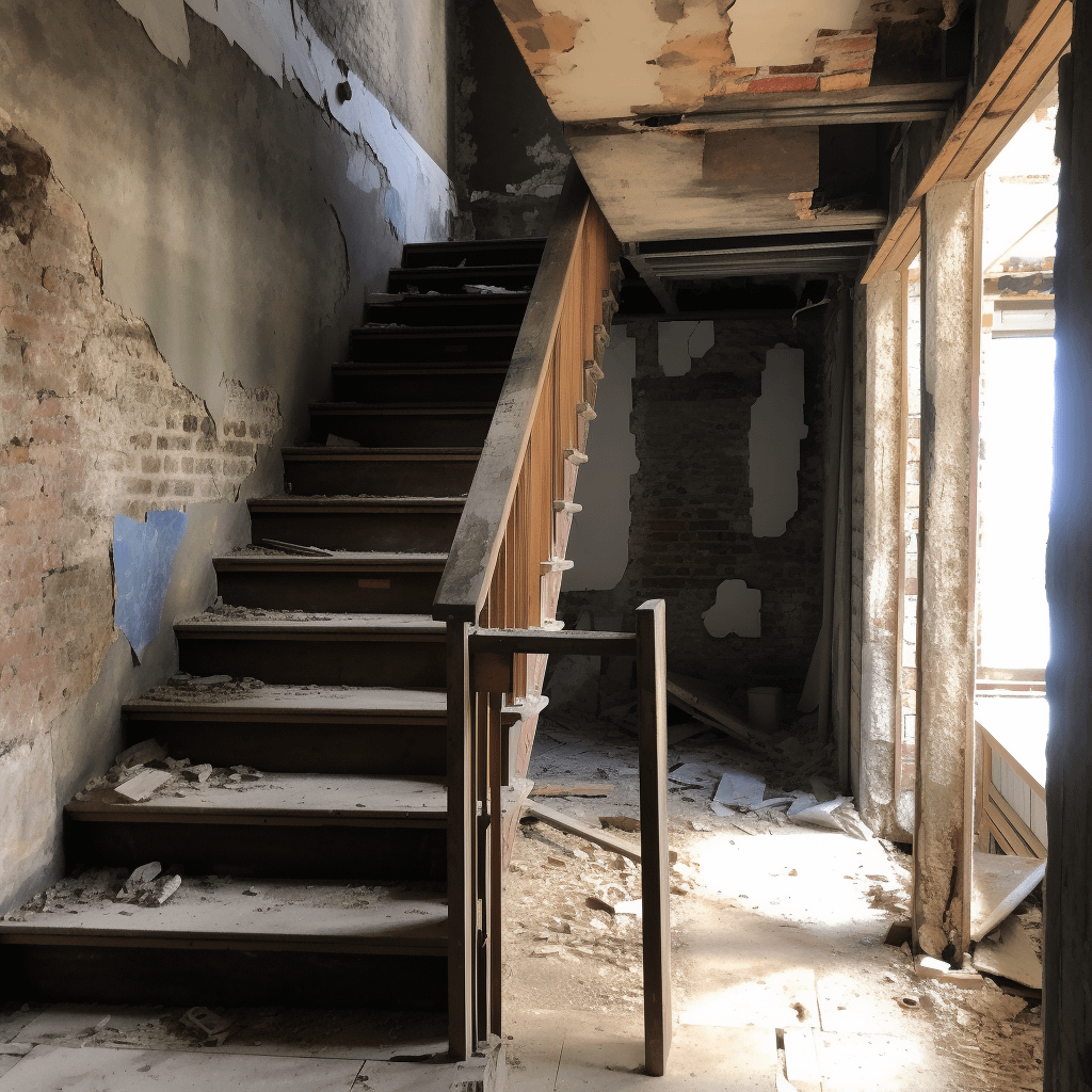 A dilapidated house with a broken staircase