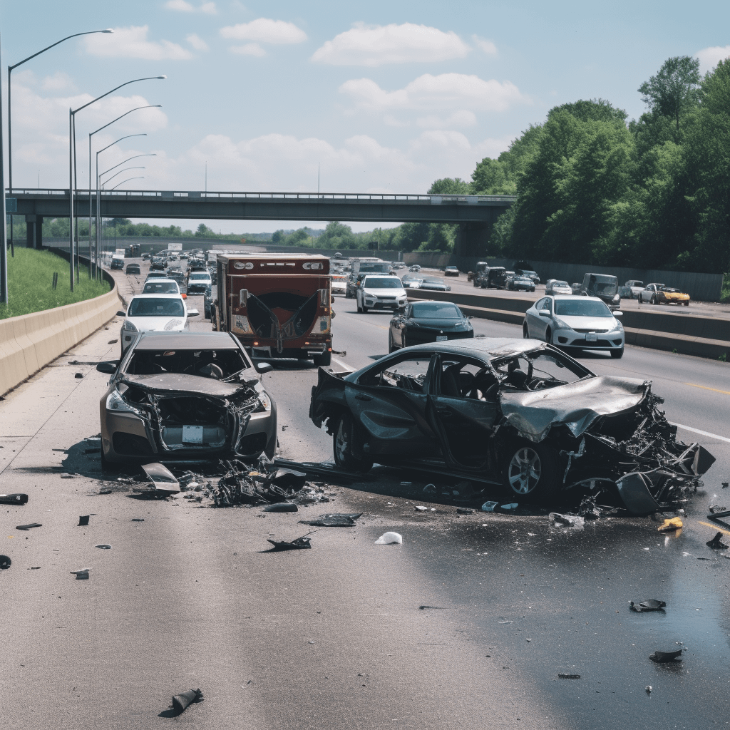 A two-car accident on a freeway