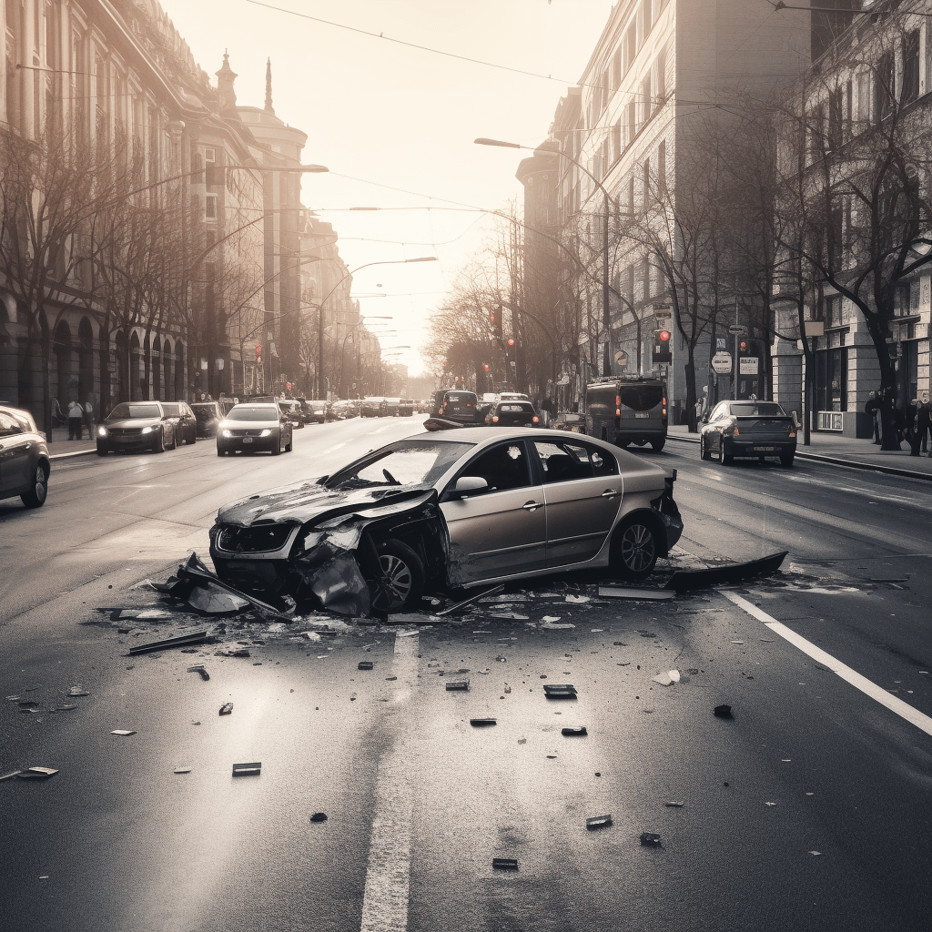 A gray car crash on a city road