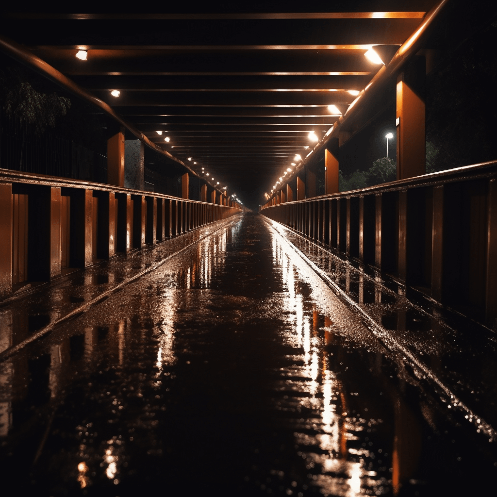 A rainy walkway at night lined with lights