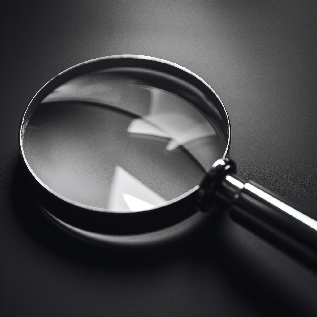 Grayscale image of a magnifying glass resting on a table