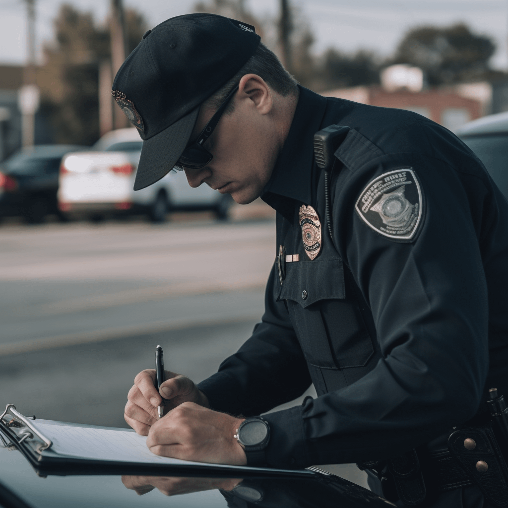 Police officer filing out a form after a car accident