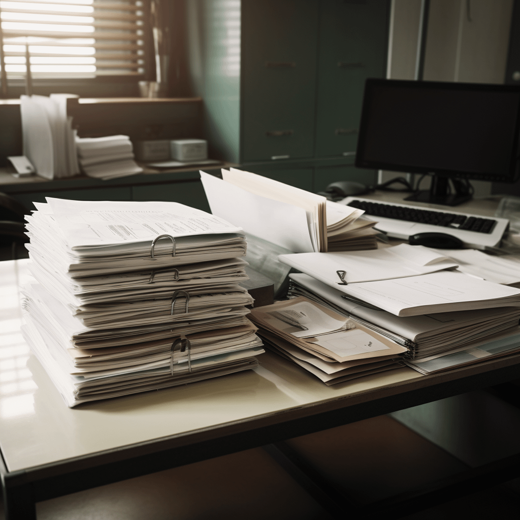 A stack of papers and folders rest on a doctor's desk