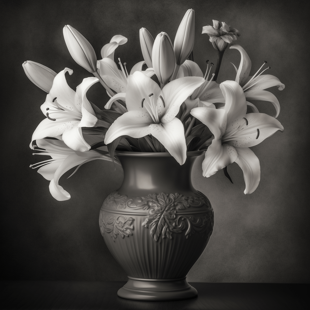 A bouquet of lilies in grayscale