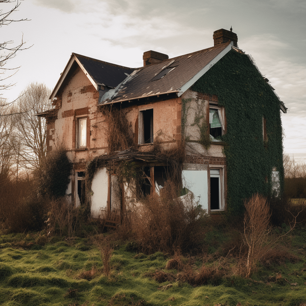 A broken-down house stands on an uneven hill