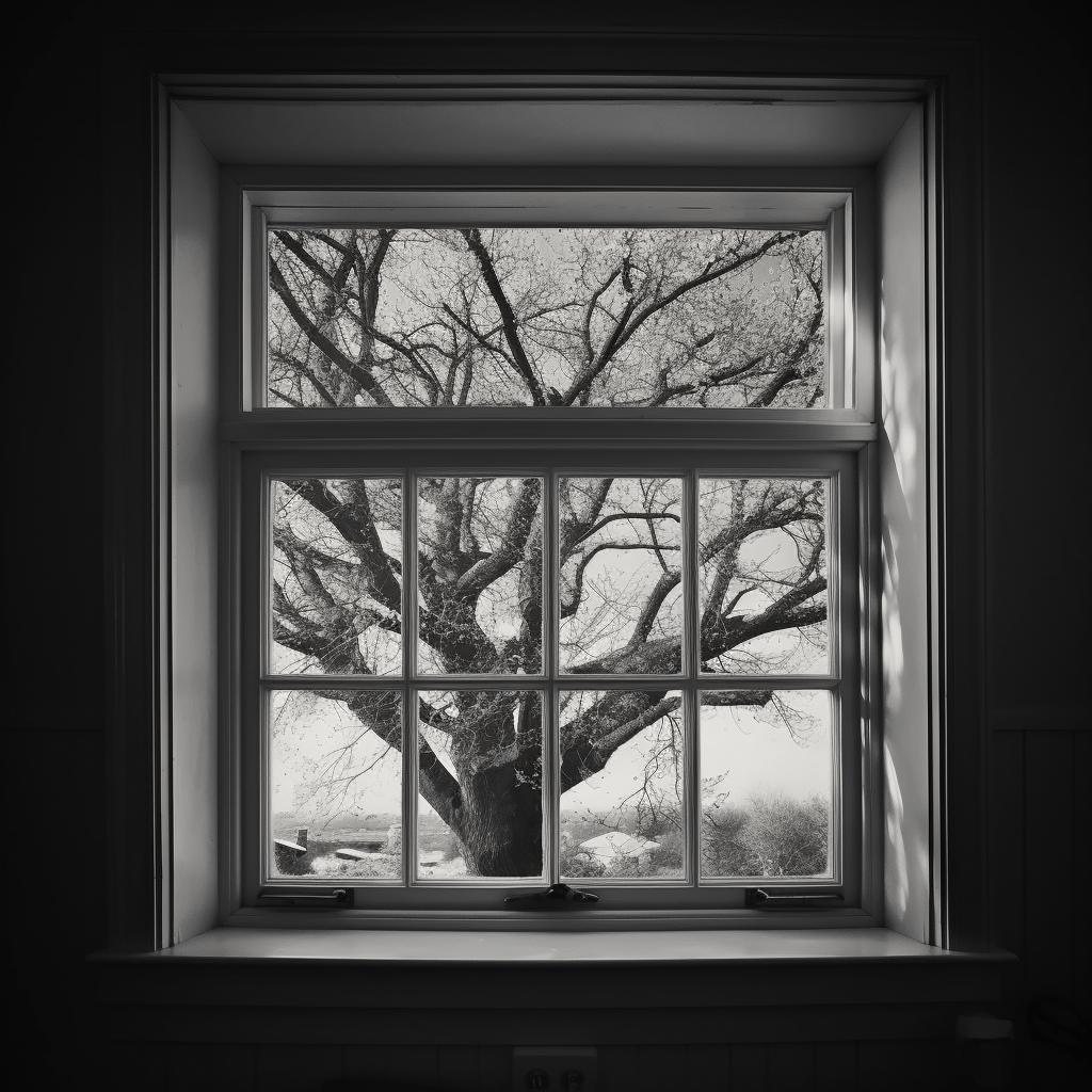 Looking through a shut window at a tree