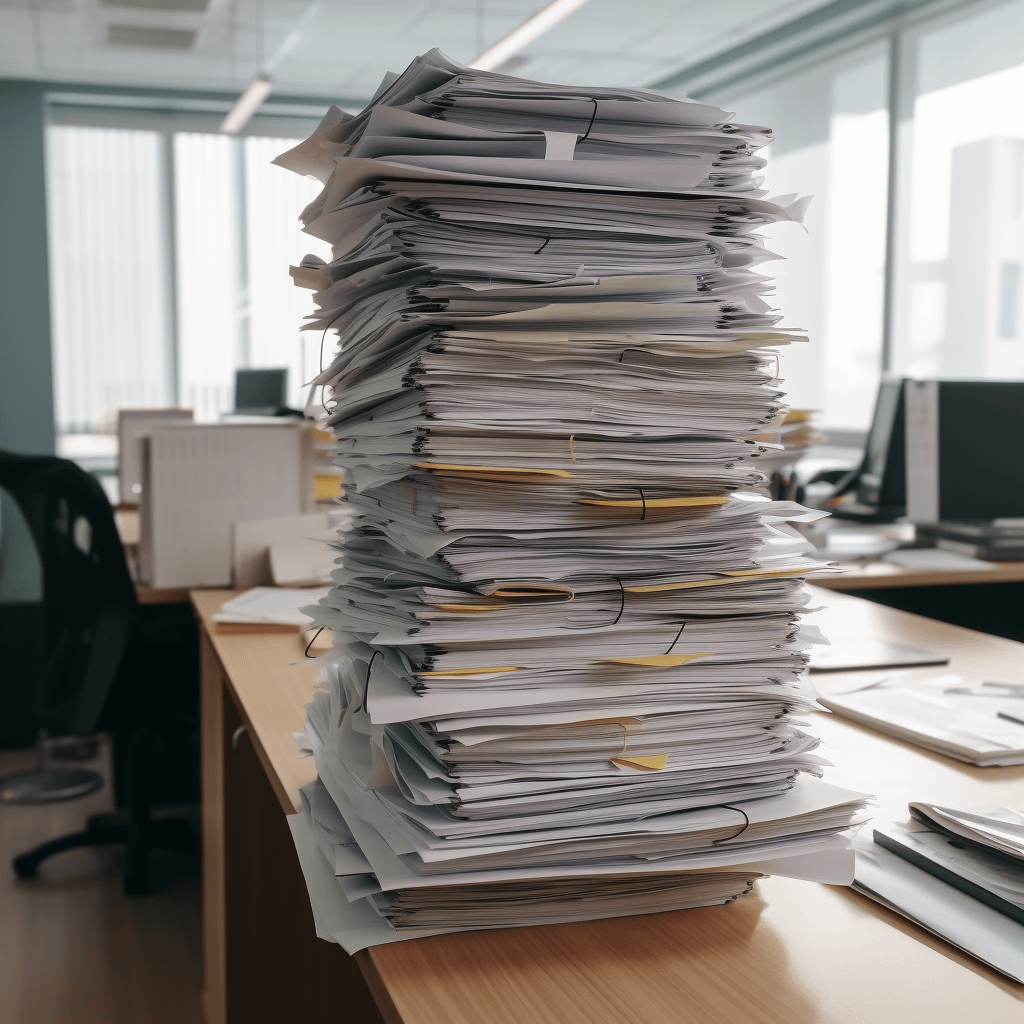 A stack of papers and legal documents on a desk