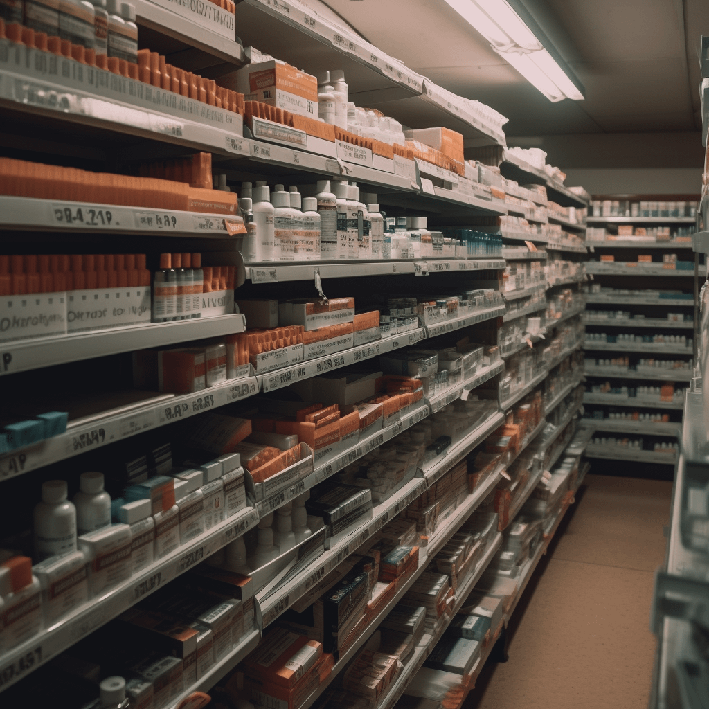 An aisle in a pharmacy. The shelves are stacked with many different types of pill bottles.