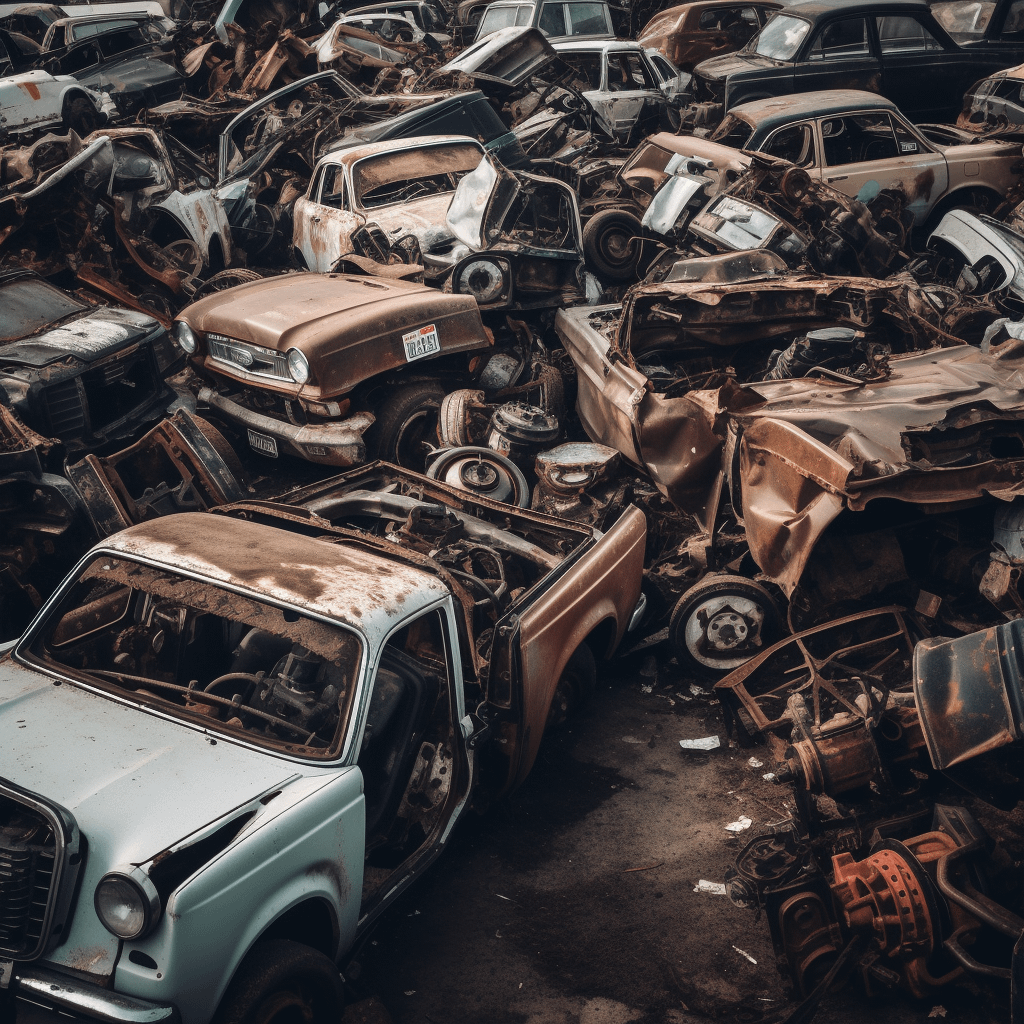 Junkyard of rusted and broken truck and car parts