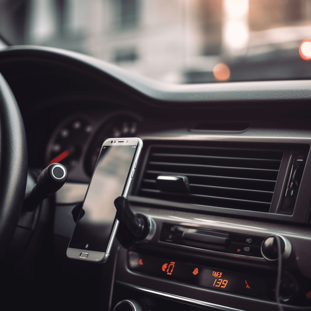 A phone on a dash of a car