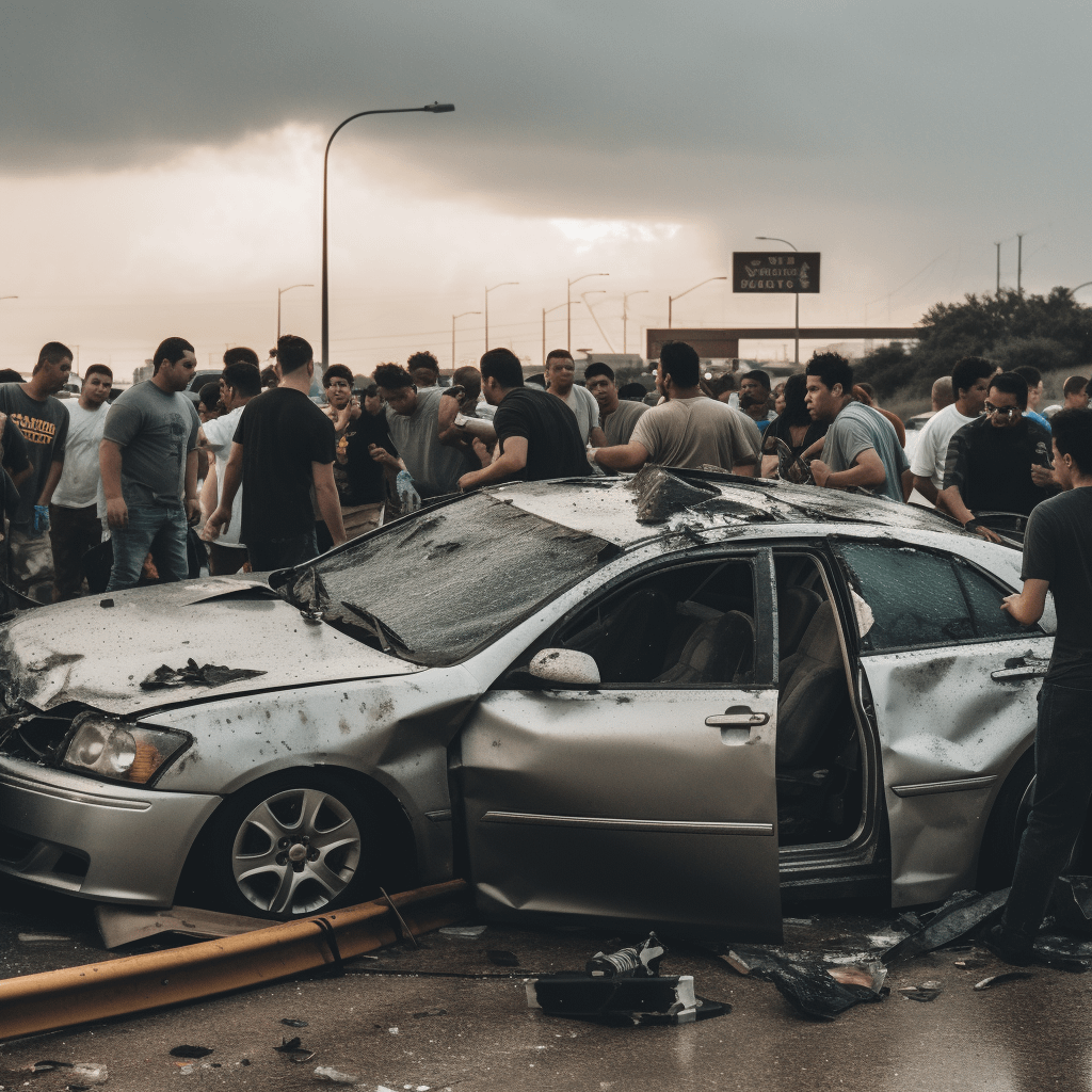 Crowd gathered over a destroyed car in an accident site