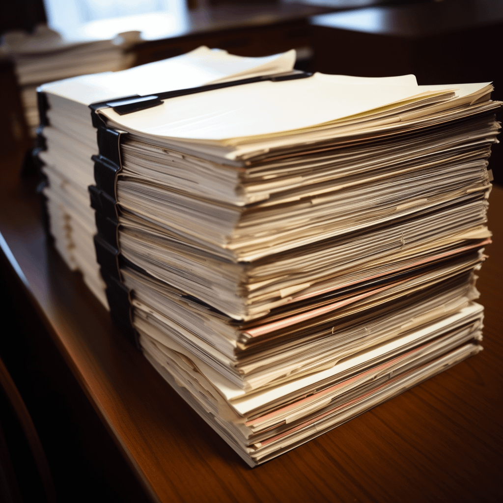 Stack of legal folders on a wooden desk