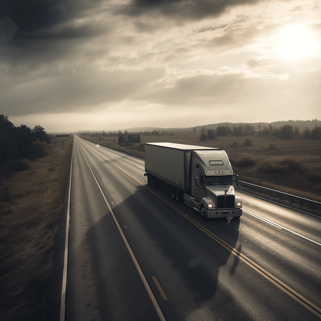 A white truck drives down an empty highway