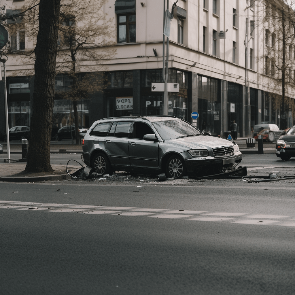 A car crash of a gray car that hit a tree on a city median