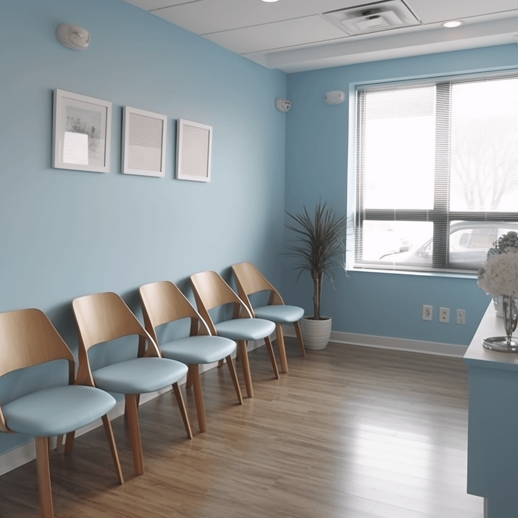 A row of light blue chairs in an empty doctor's office