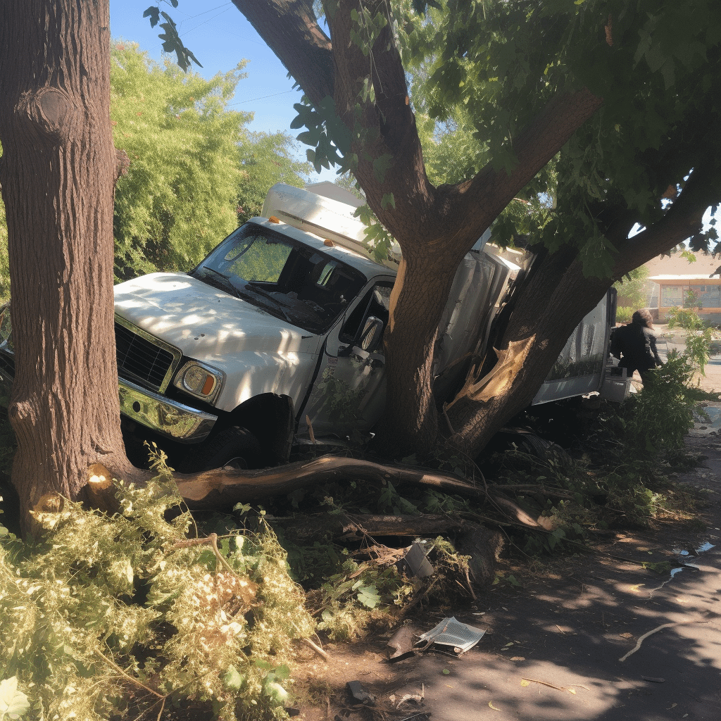 A white truck crashed into a tree