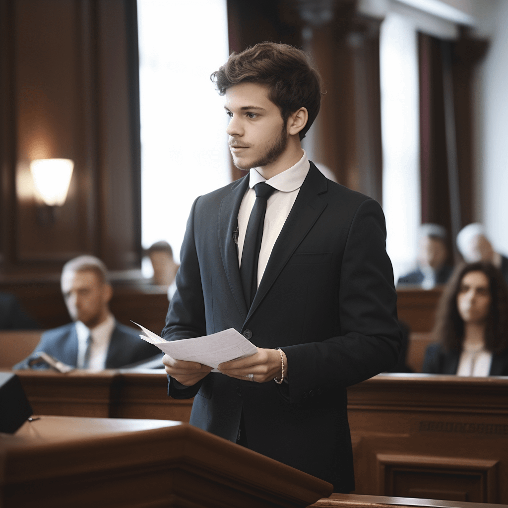 A lawyer presenting a case in a courtroom