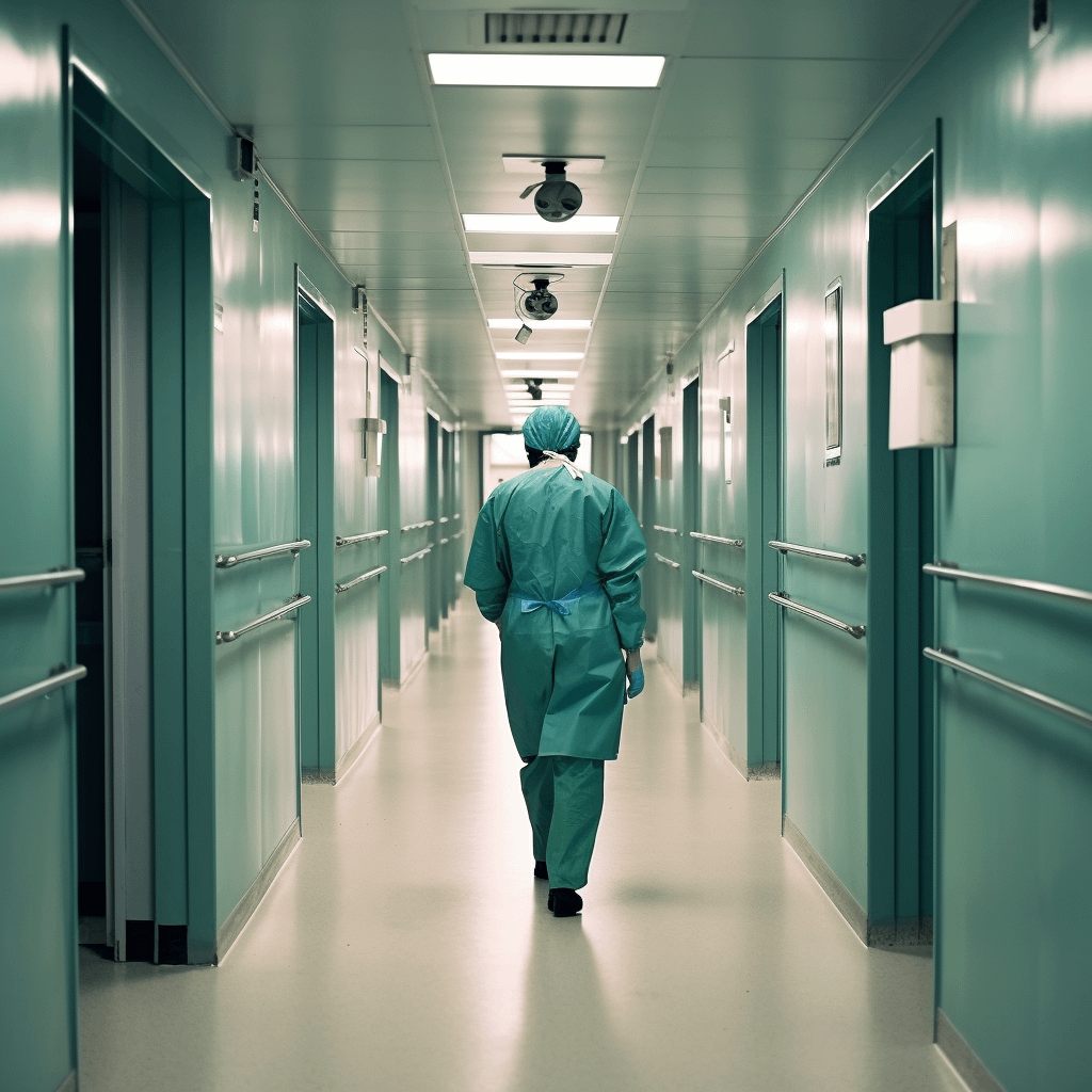 A surgeon walking along a hospital corridor