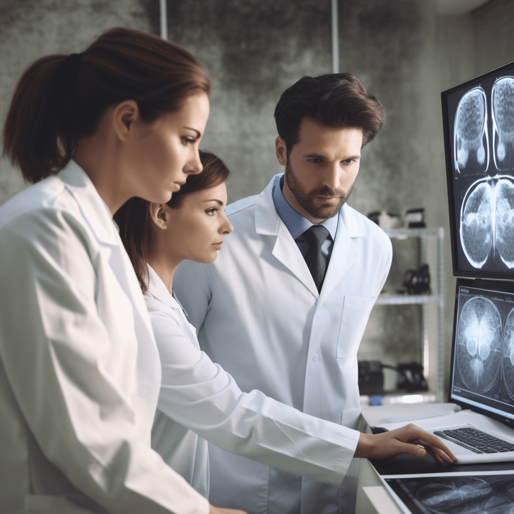 3 doctors examining brain scans of a patient