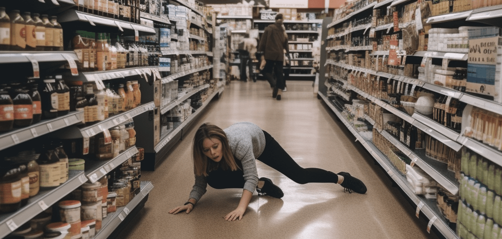 A person falling on the floor of a grocery store