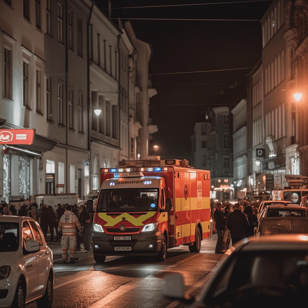 An ambulance can be seen near a crowded area, people around