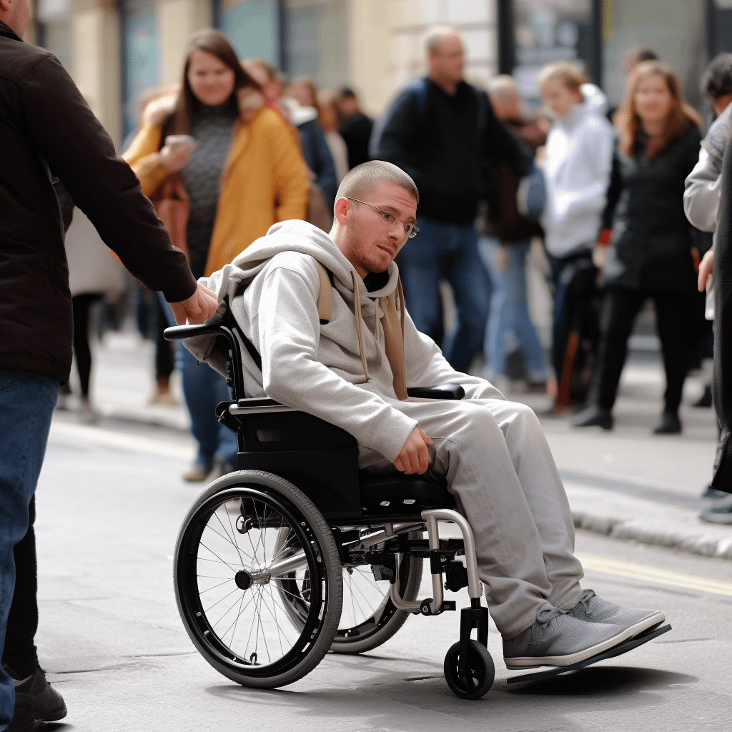 Una persona en silla de ruedas, gente caminando a su alrededor