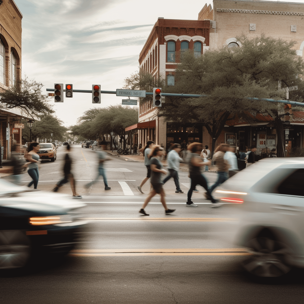 People walking around in Texas, cars can be seen rushing by