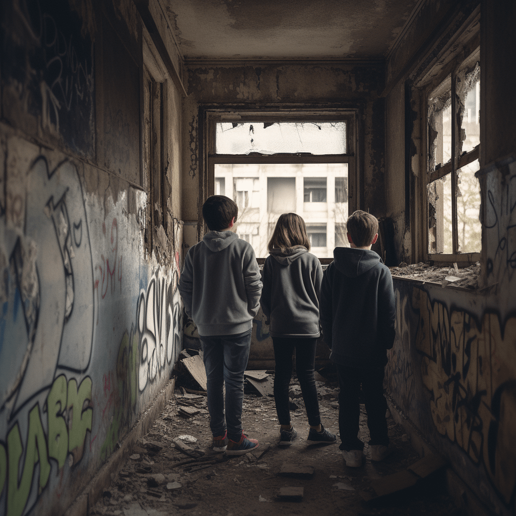 A group of children walking around in an abandoned building