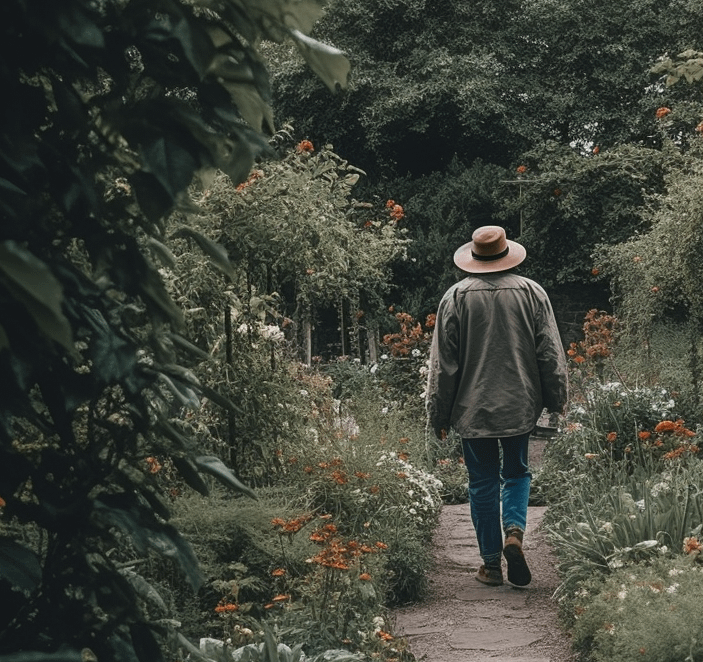 A man walking in a garden