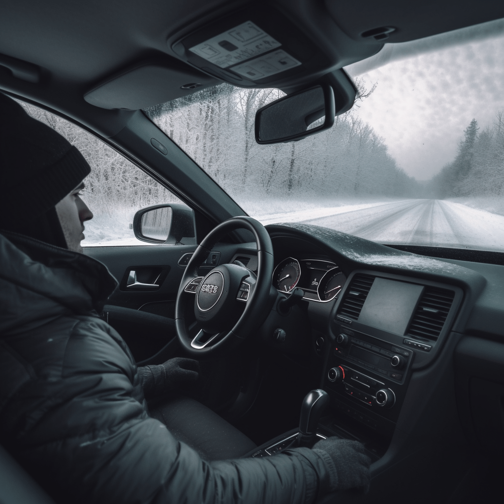 A person sitting inside a car, looking at the snow outside