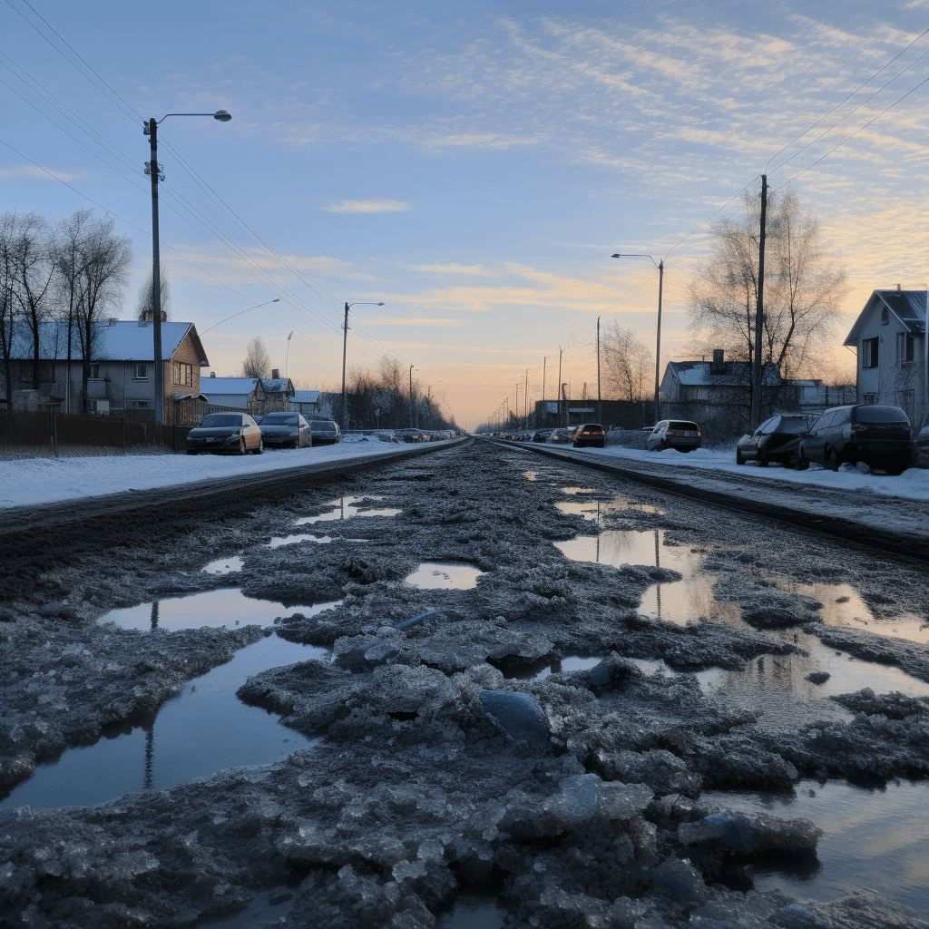A road full of ice and sludge