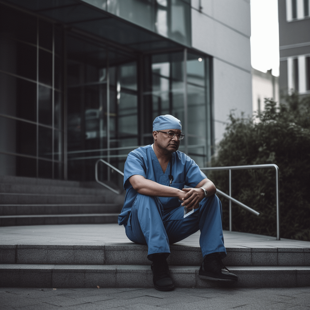 A surgeon sitting on hospital steps