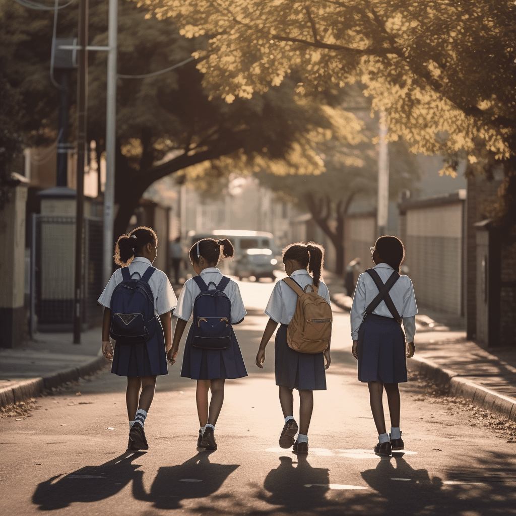 School children walking on a road