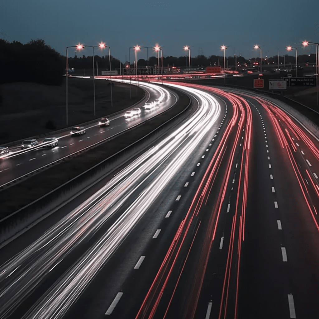 Cars zooming past a highway at night time