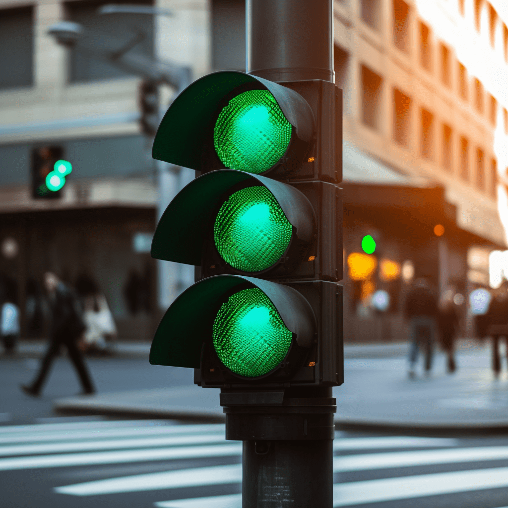Zoomed in view of a single pedestrian crossing sign showing green traffic light