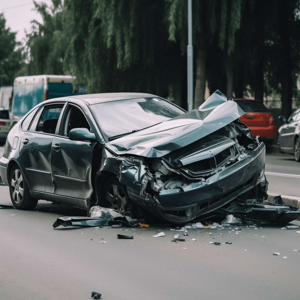 A car wrecked on the side of a road