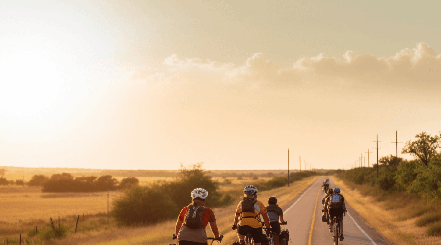 A group of people biking along a countryside road