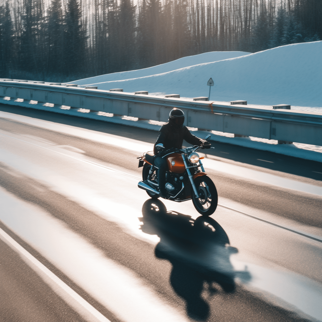 A motorcyclist zooming past a road in winter