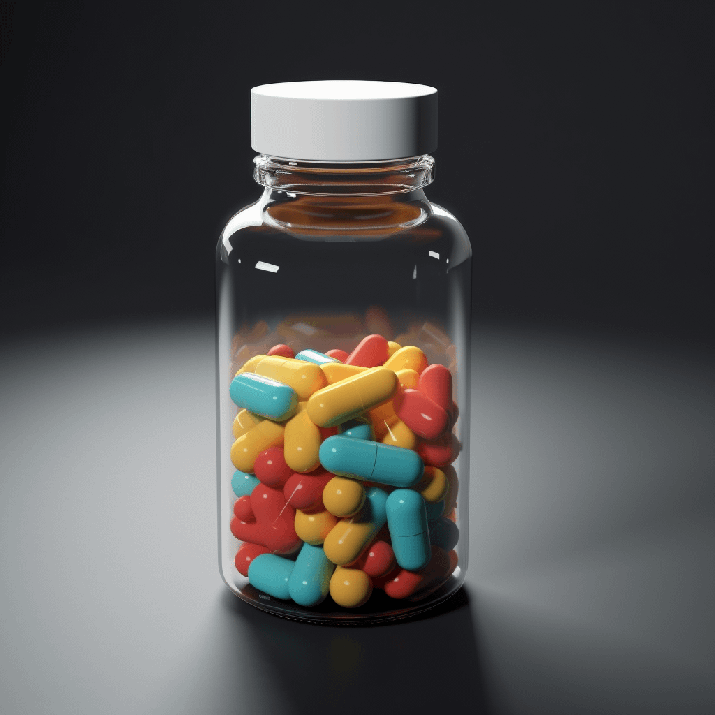 A bottle containing pills of different colors (blue, red, and yellow).