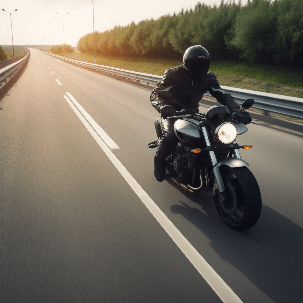 A motorcyclist zooming through a highway