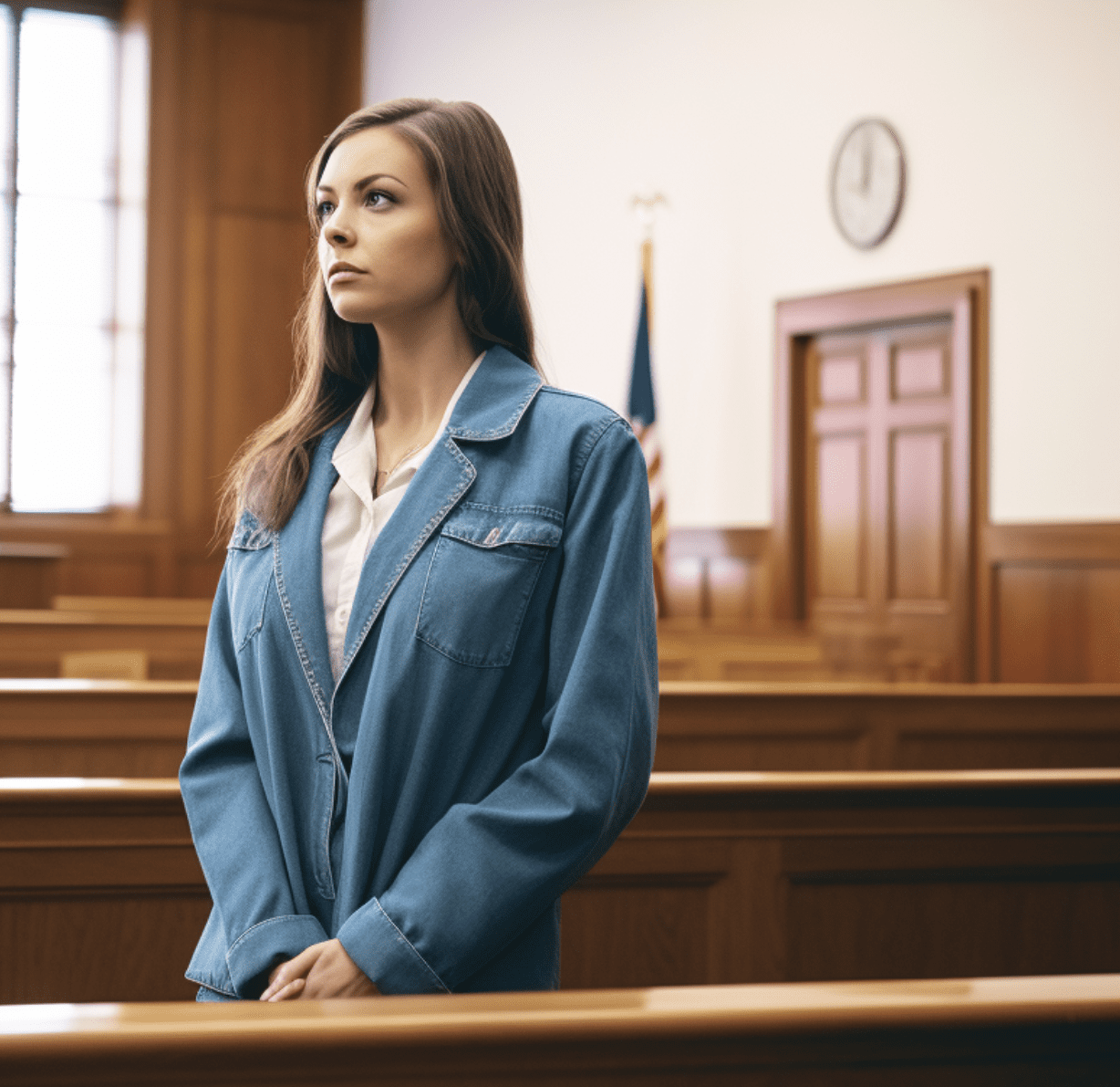 A woman standing in a courtroom
