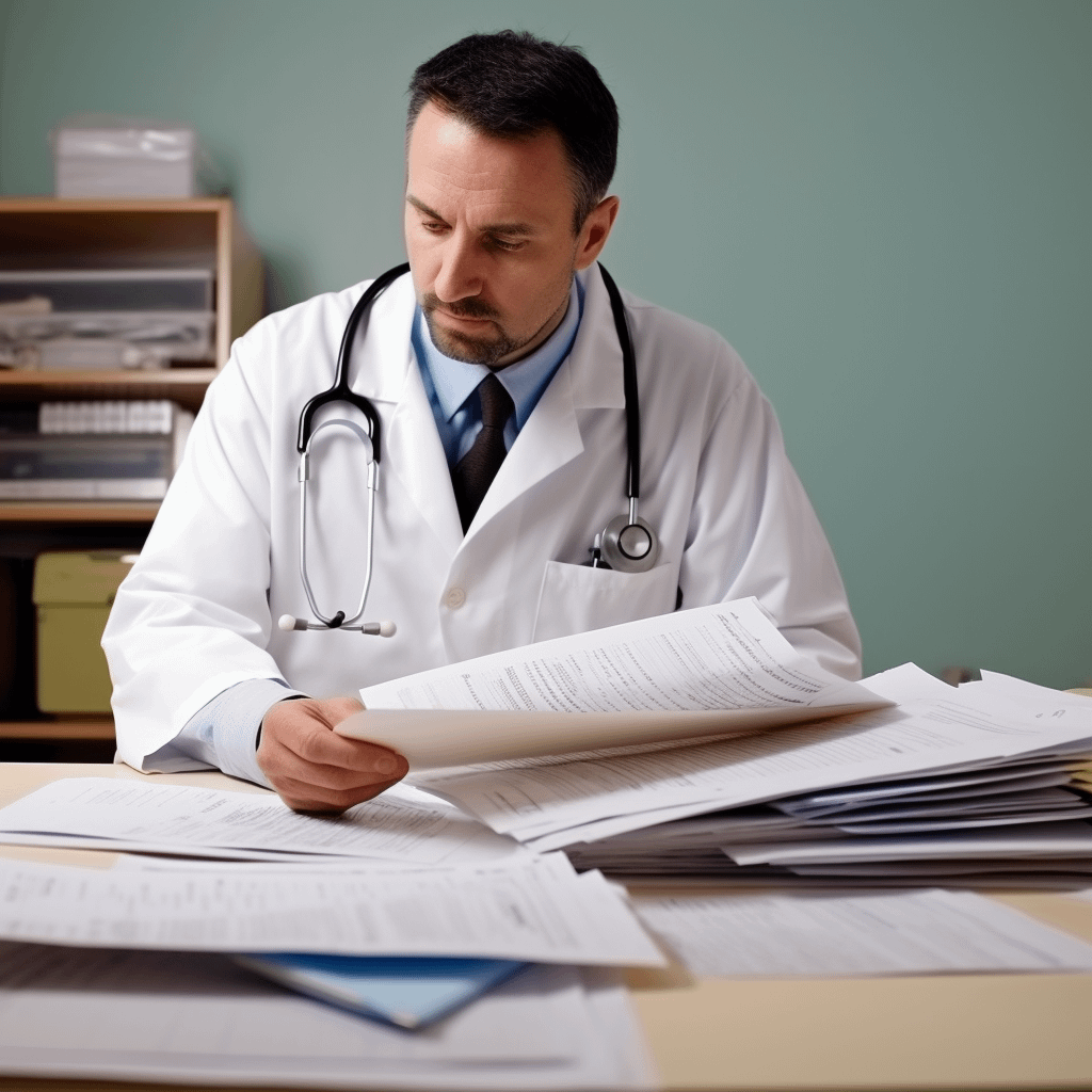 A doctor reviewing medical reports