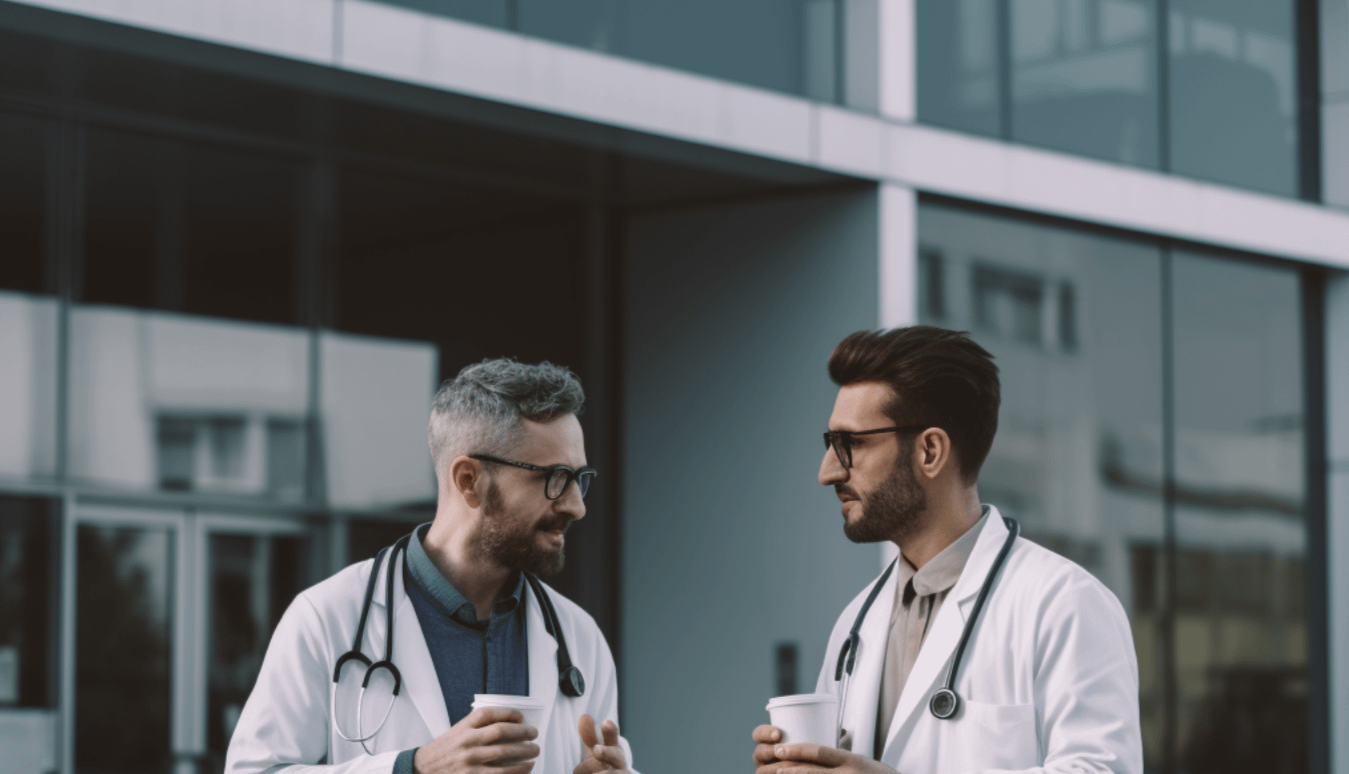 Two doctors sipping coffee and talking outside a hospital building