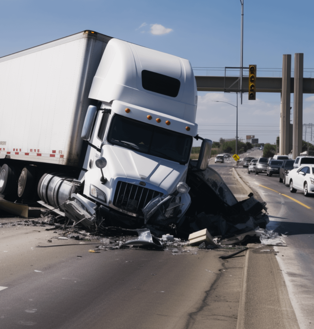 A white 18-wheeler crash on the side of a freeway