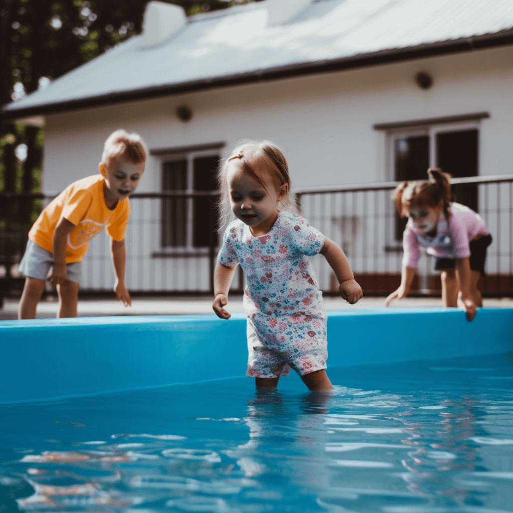 One small child is inside a swimming pool, while two other small children try to enter